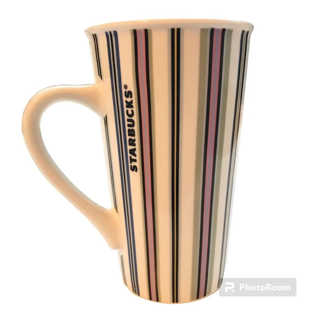 Starbucks Tall Ceramic Candy Striped Coffee Mug Cup Green Pink Blue Yellow